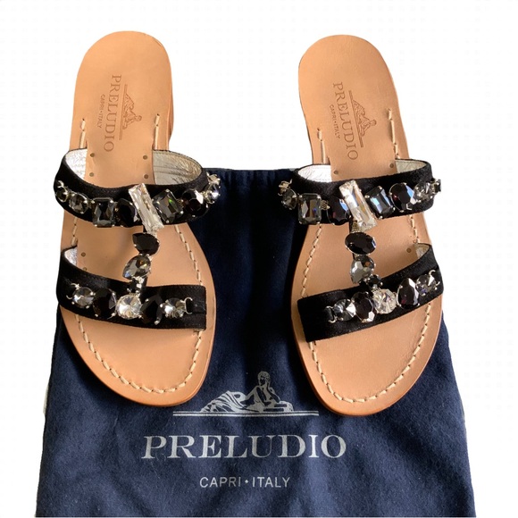 Preludio Women’s Sandals Shoes Sz 8 Italy Black Leather Beaded Block Heel - Picture 1 of 5
